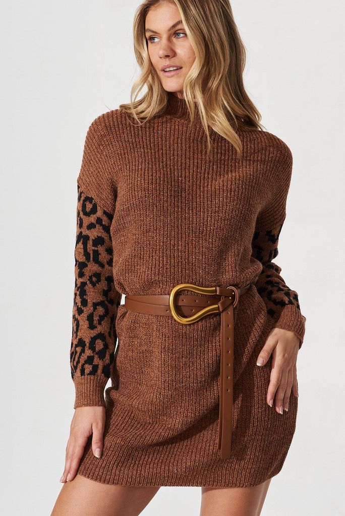 Salvador Knit Dress In Brown With Leopard Print Wool Blend - detail