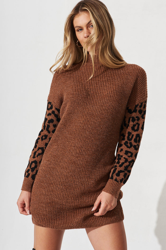 Salvador Knit Dress In Brown With Leopard Print Wool Blend - front