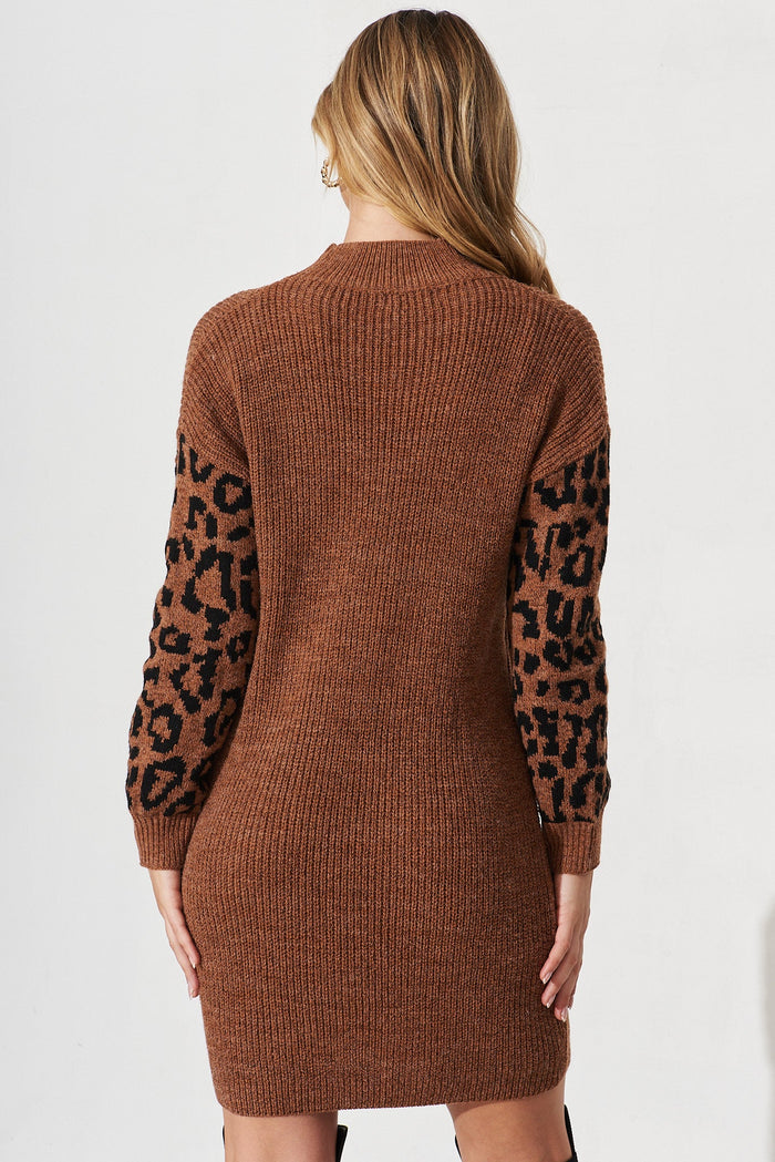 Salvador Knit Dress In Brown With Leopard Print Wool Blend - back
