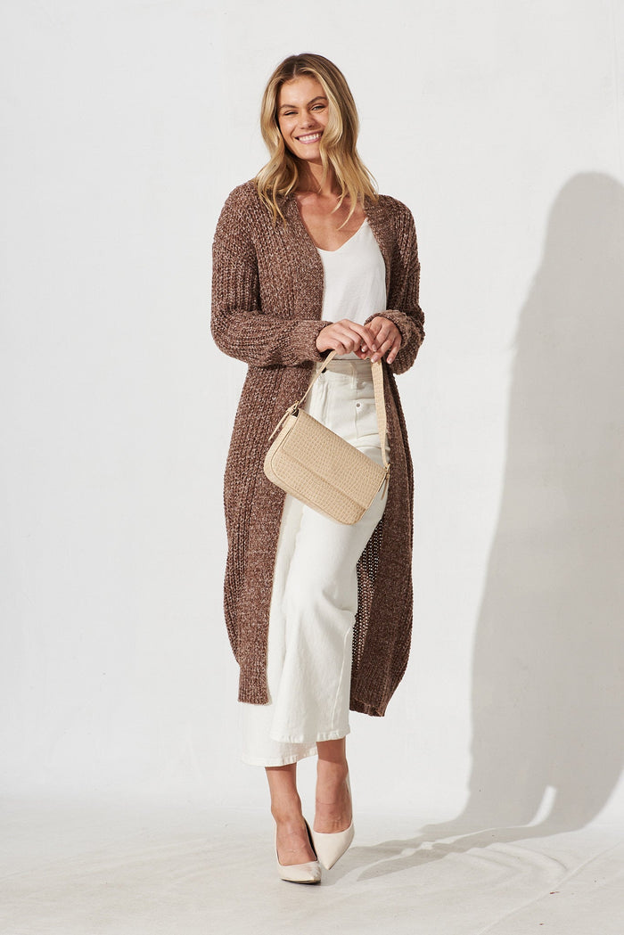 Marilla Knit Cardigan In Brown Marle Wool Blend - full length