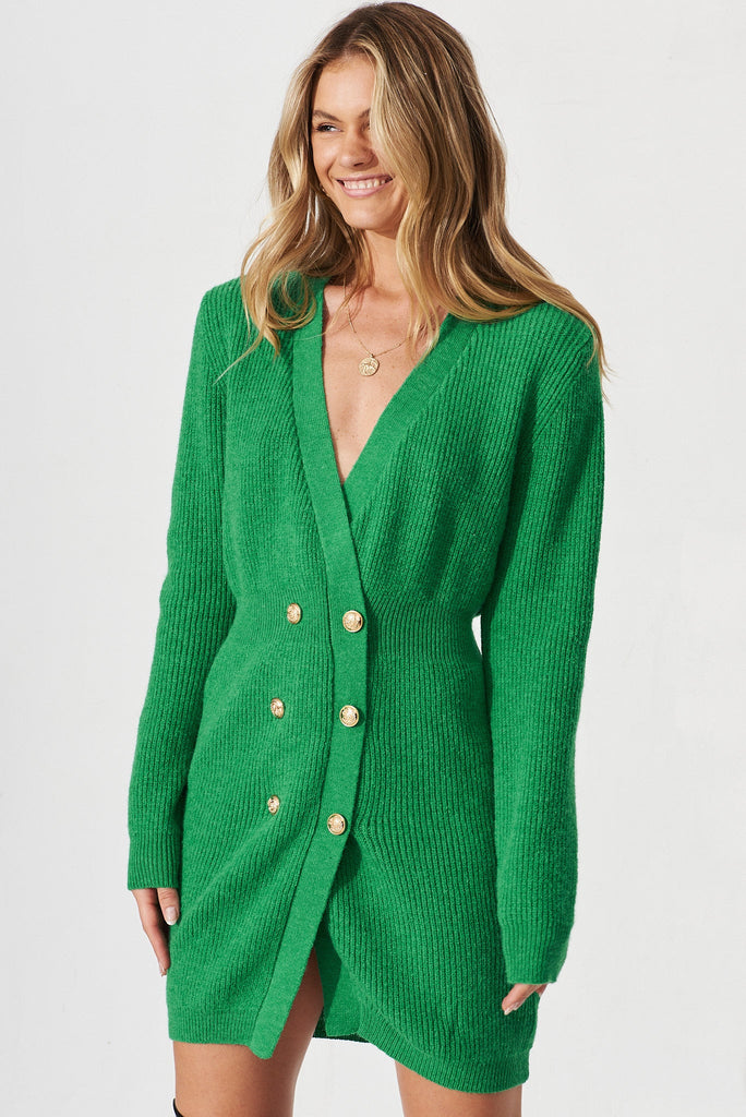 Lily Knit Dress In Green Cotton Blend - front