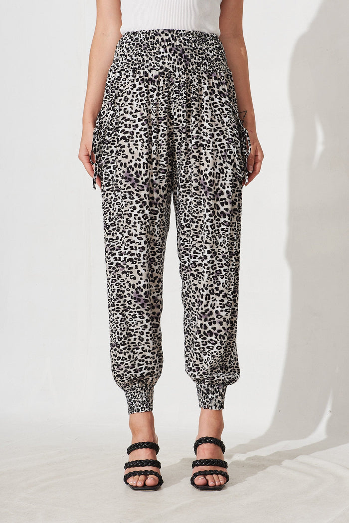 Gabby Lounge Pants In Beige With Leopard Print - front