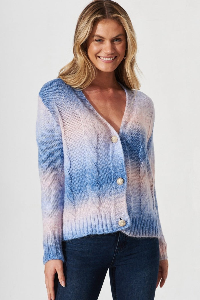Bluestar Knit Cardigan In Blue With Pink Wool Blend - St Frock (Dev)