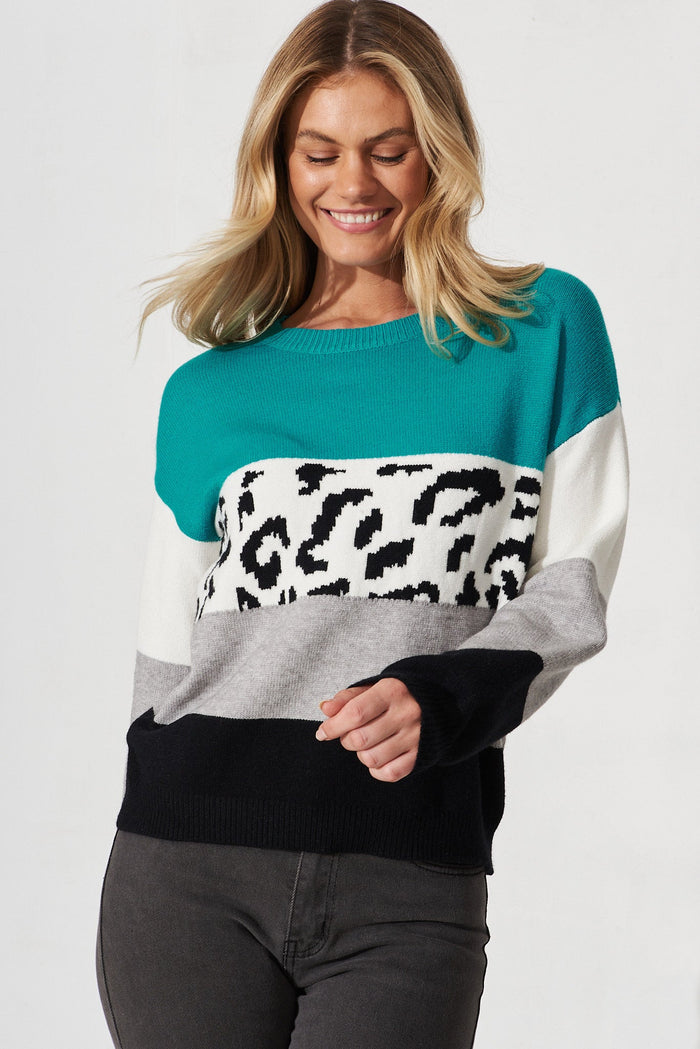 Lotte Colourblock Knit In Blue Grey With Leopard Print Wool Blend - front