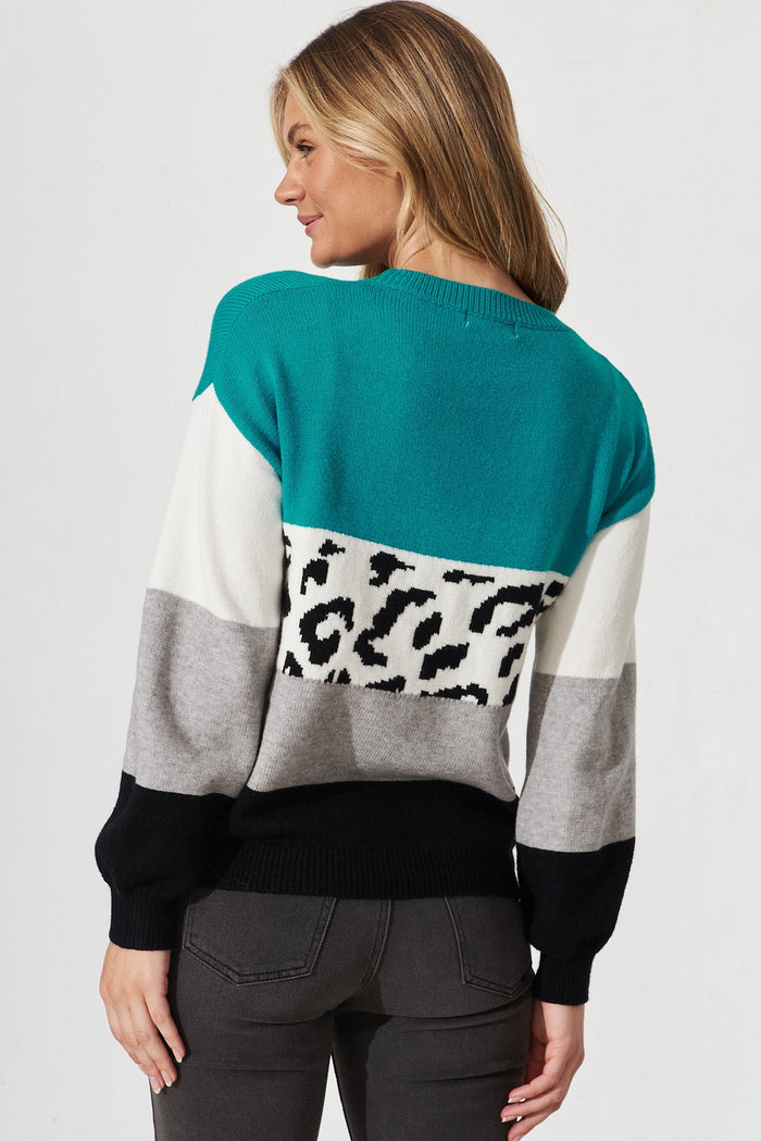 Lotte Colourblock Knit In Blue Grey With Leopard Print Wool Blend - back