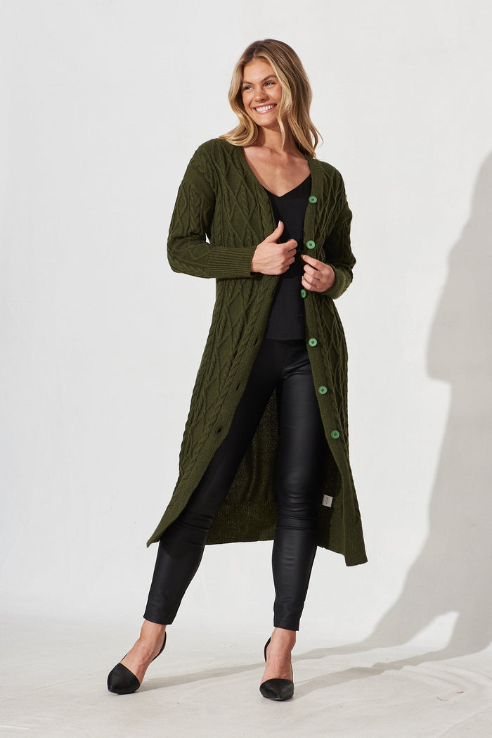 Perla Knit Cardigan In Green Wool Blend - full length