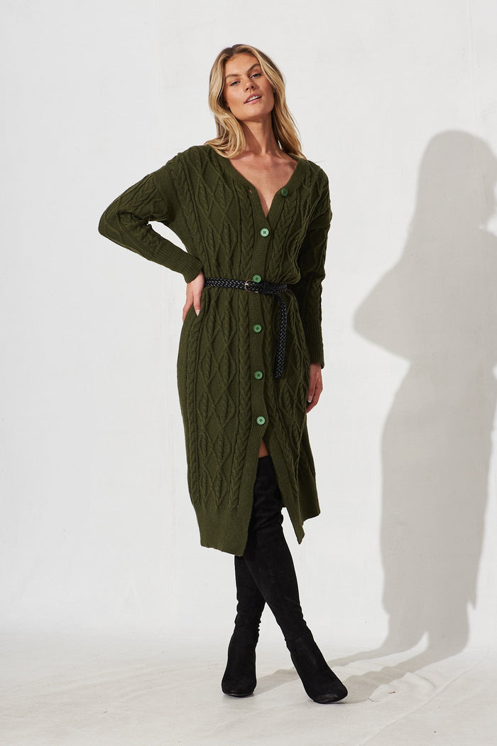 Perla Knit Cardigan In Green Wool Blend - full length