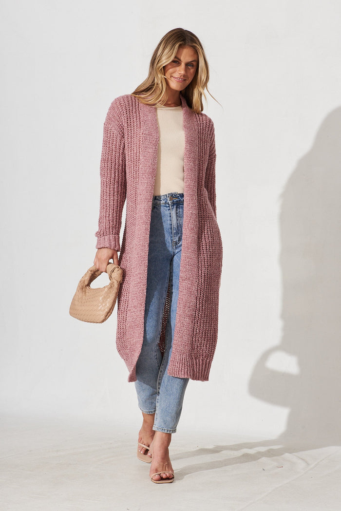 Marilla Knit Cardigan In Pink Marle Wool Blend - full length