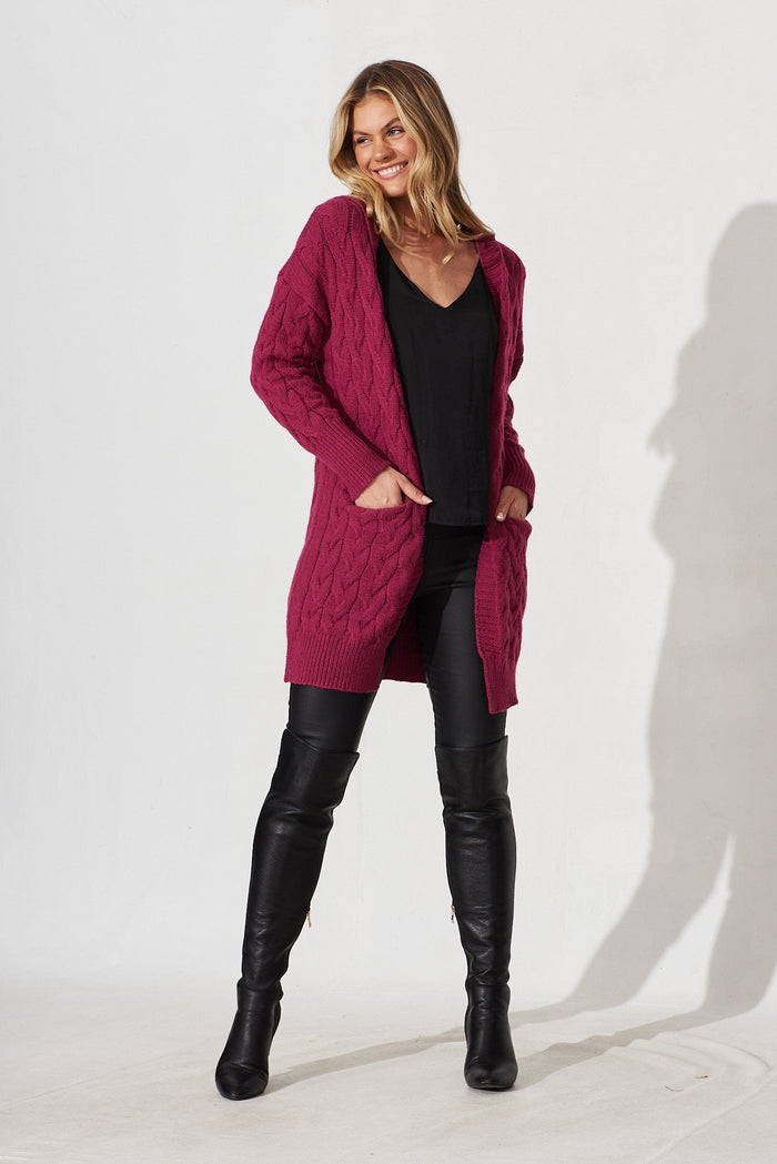 Yesenia Hood Knit Cardigan In Magenta Wool Blend - full length