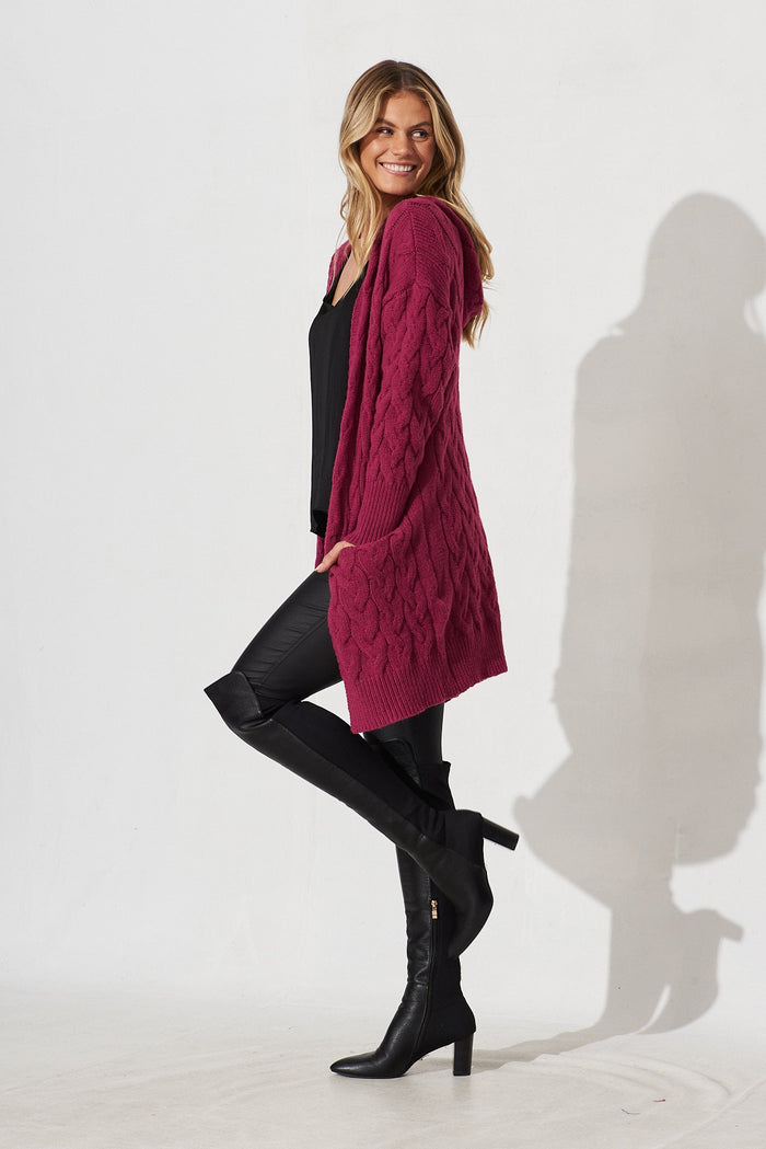 Yesenia Hood Knit Cardigan In Magenta Wool Blend - side