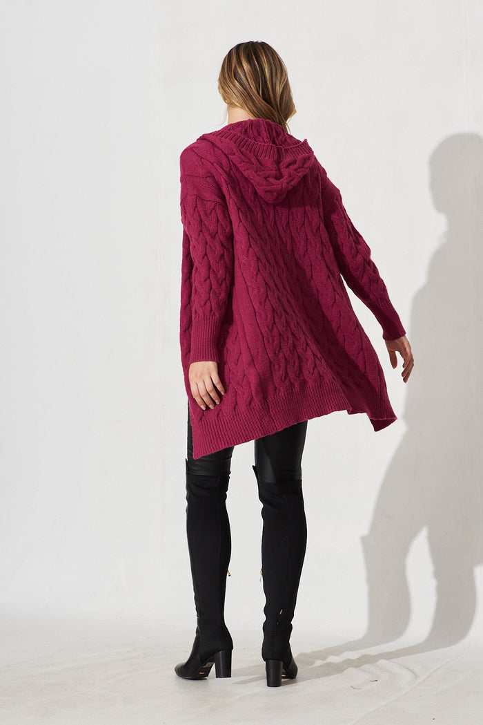 Yesenia Hood Knit Cardigan In Magenta Wool Blend - back