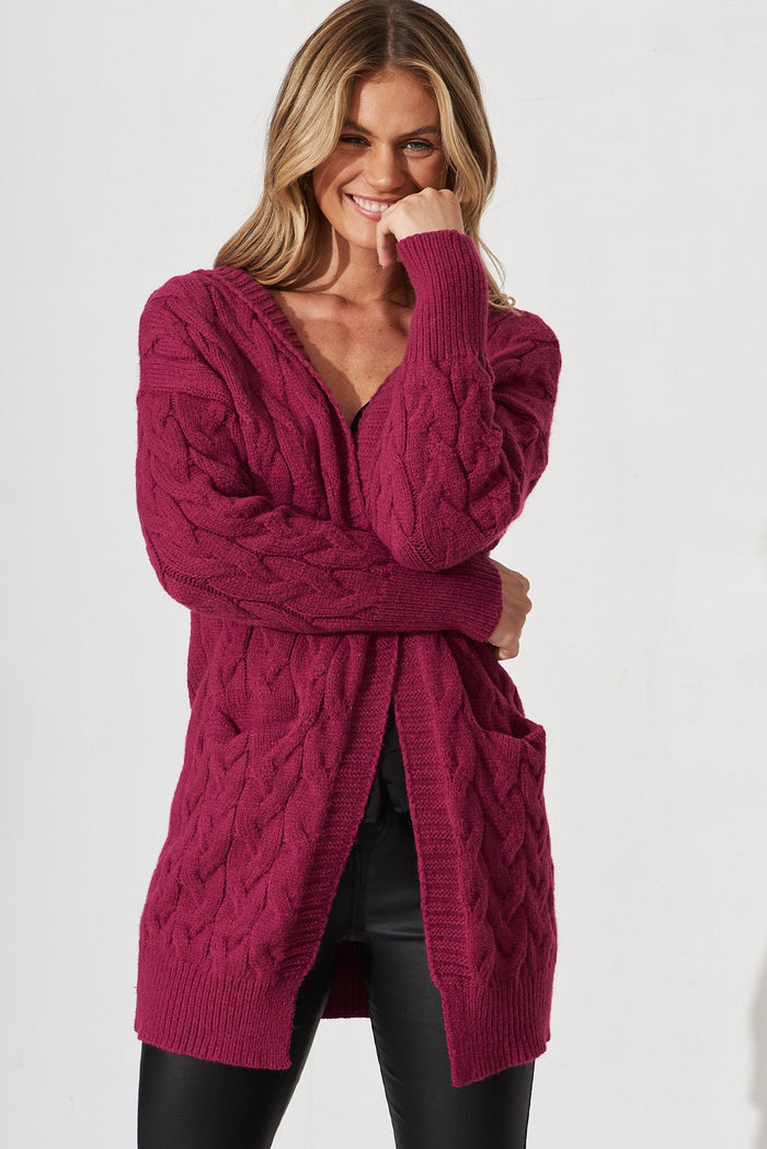 Yesenia Hood Knit Cardigan In Magenta Wool Blend - front