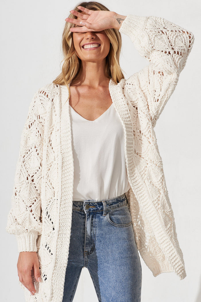 Suzano Knit Cardigan In White Wool Blend - front