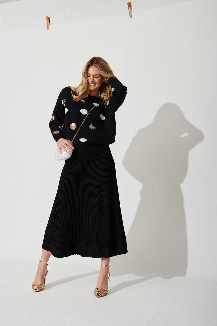 Almeria Knit In Black With Sequin Spot Wool Blend - full length