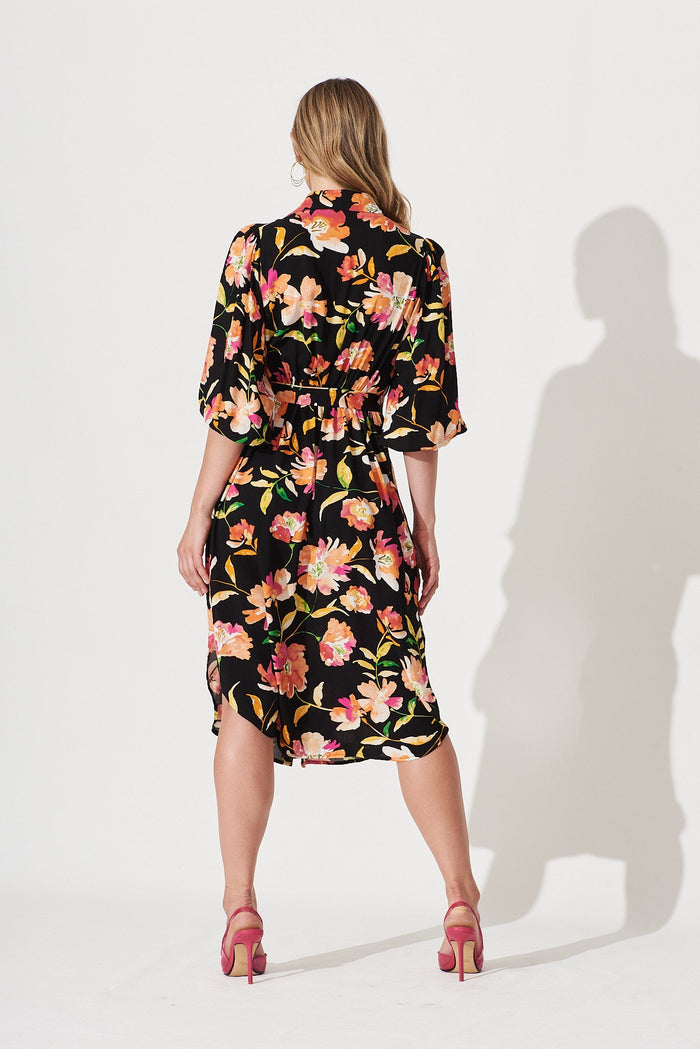 Francy Midi Shirt Dress In Black With Apricot Floral - back