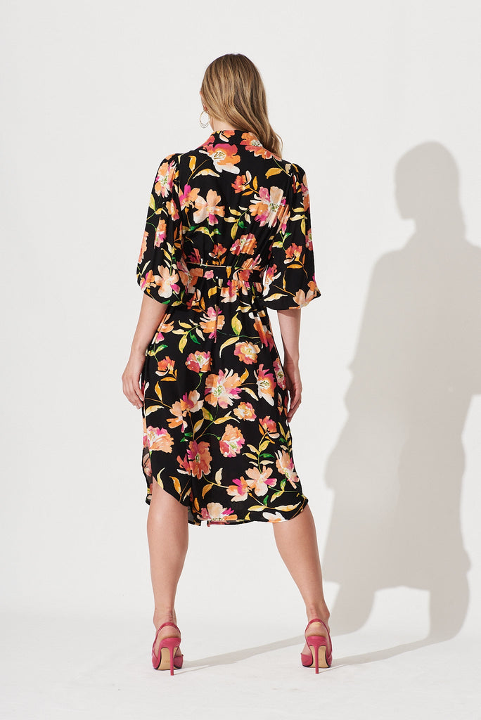 Francy Midi Shirt Dress In Black With Apricot Floral - back