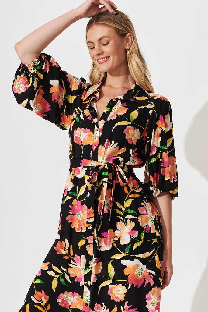 Francy Midi Shirt Dress In Black With Apricot Floral - front