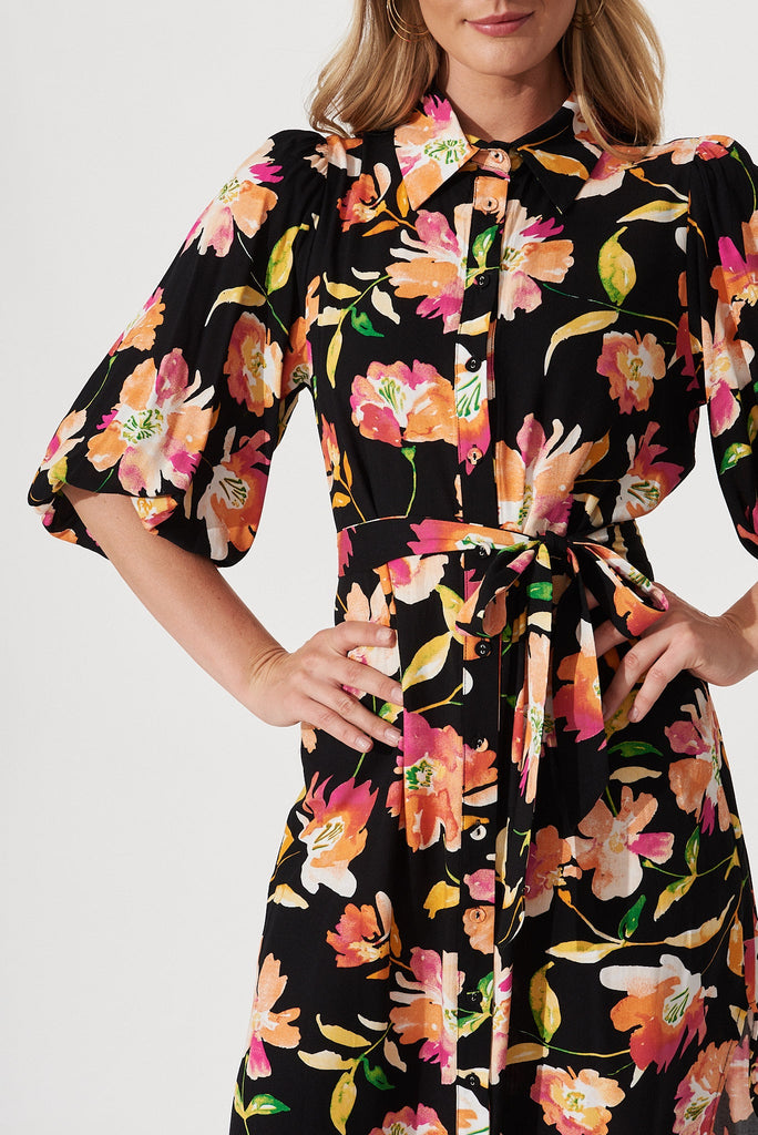 Francy Midi Shirt Dress In Black With Apricot Floral - detail