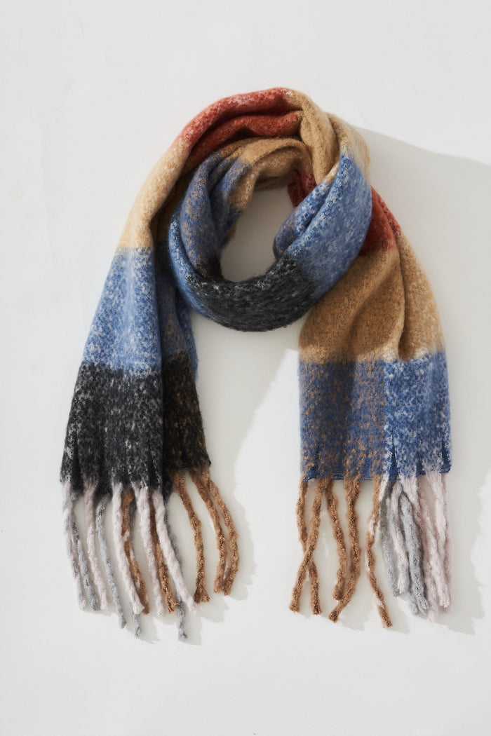 August + Delilah Brooklyn Oversized Knit Scarf In Red And Blue Check - flatlay