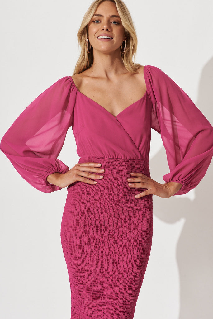 Bernadine Midi Dress In Hot Pink Chiffon - St Frock (Dev)