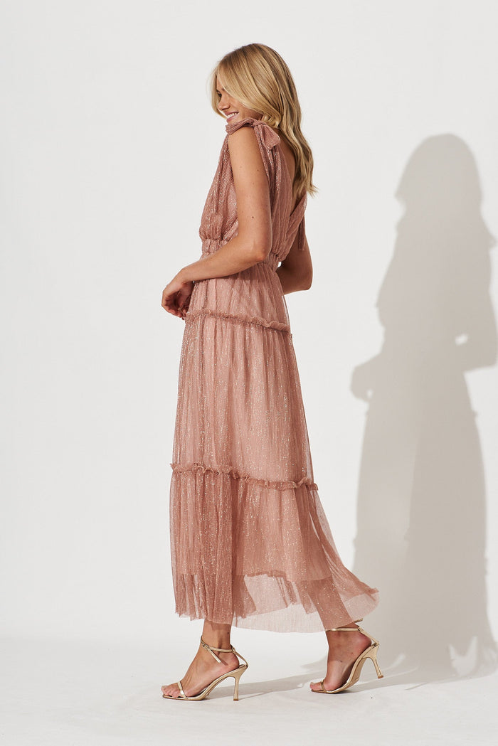 Annetta Maxi Dress In Rose Gold Lurex Chiffon - side