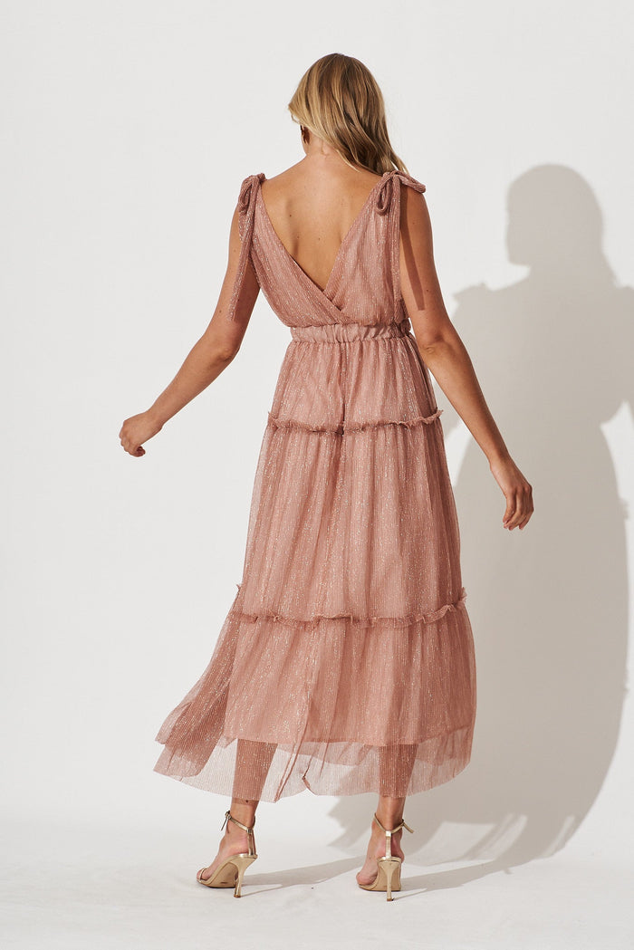 Annetta Maxi Dress In Rose Gold Lurex Chiffon - back