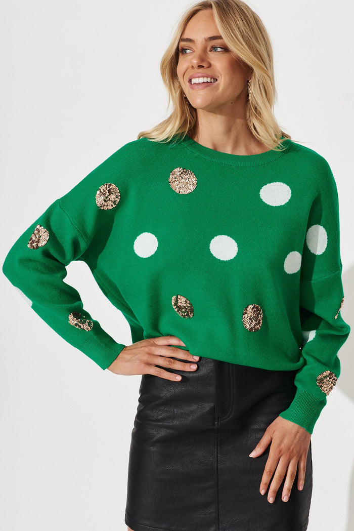 Almeria Knit In Green With Sequin Spot Wool Blend - St Frock (Dev)