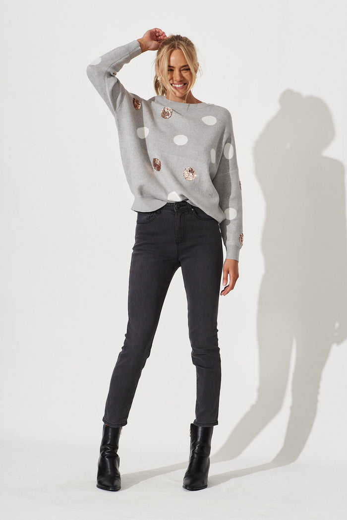 Almeria Knit In Grey With Sequin Spot Wool Blend - full length