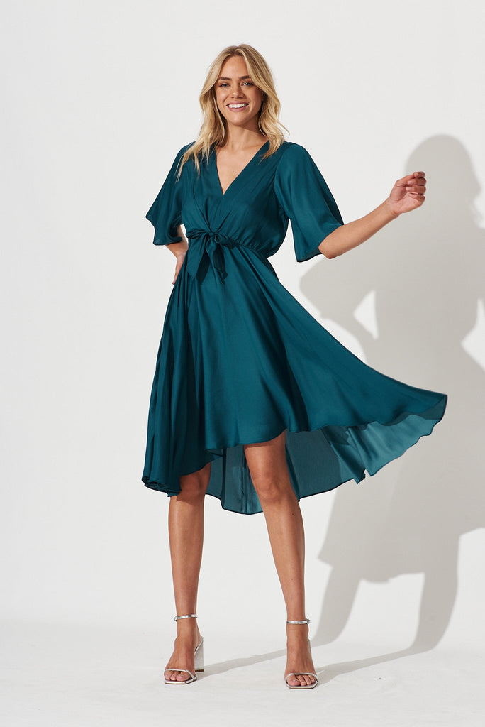 Helsinki Dress In Teal Satin - full length