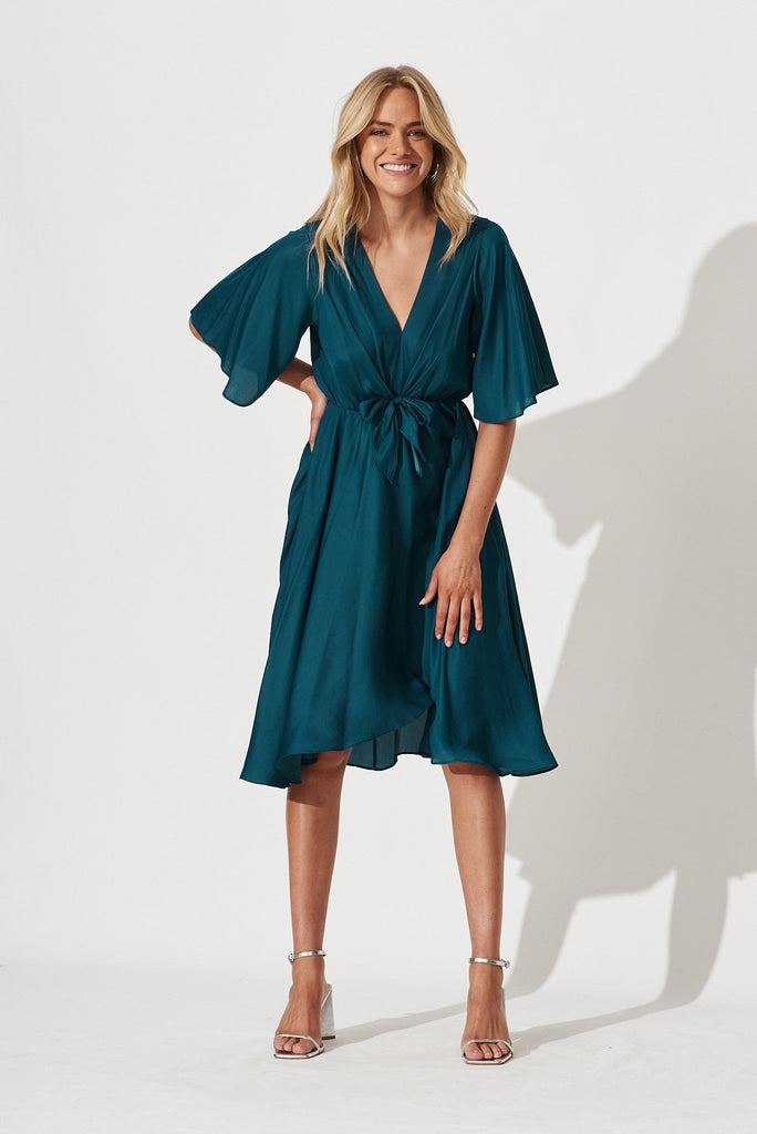 Helsinki Dress In Teal Satin - full length