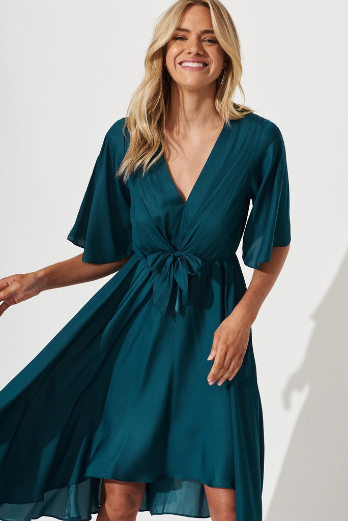 Helsinki Dress In Teal Satin - front