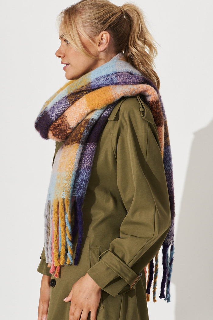 August + Delilah Brooklyn Oversized Knit Scarf In Multi Colour Check - side