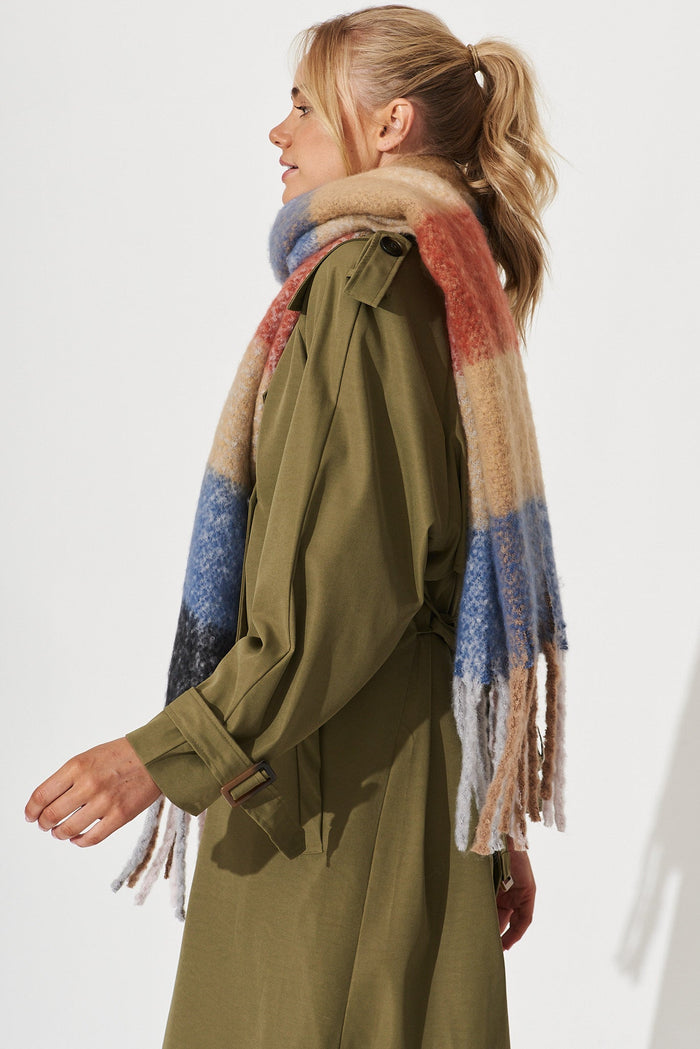 August + Delilah Brooklyn Oversized Knit Scarf In Red And Blue Check - side