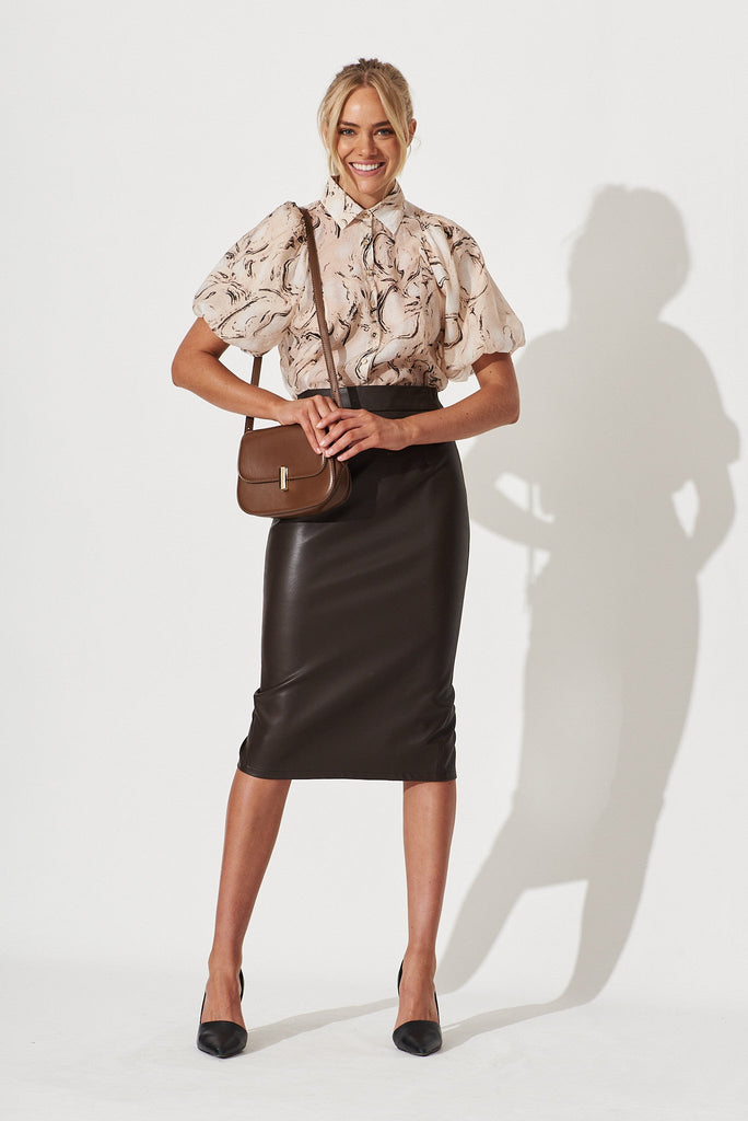 Bluebell Shirt In Beige And Brown Marble Print - full length