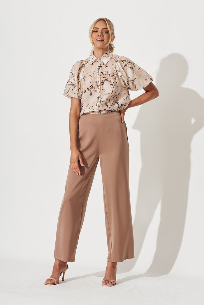 Bluebell Shirt In Beige And Brown Marble Print - full length