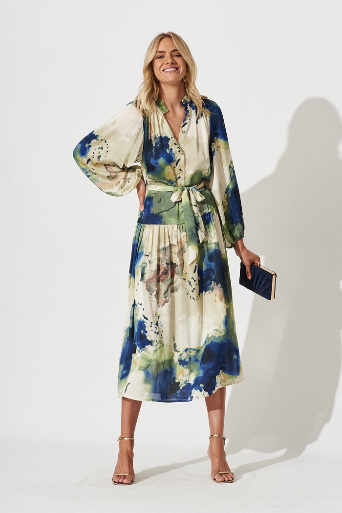 Pippa Maxi Dress In Green With Navy Print Chiffon - full length