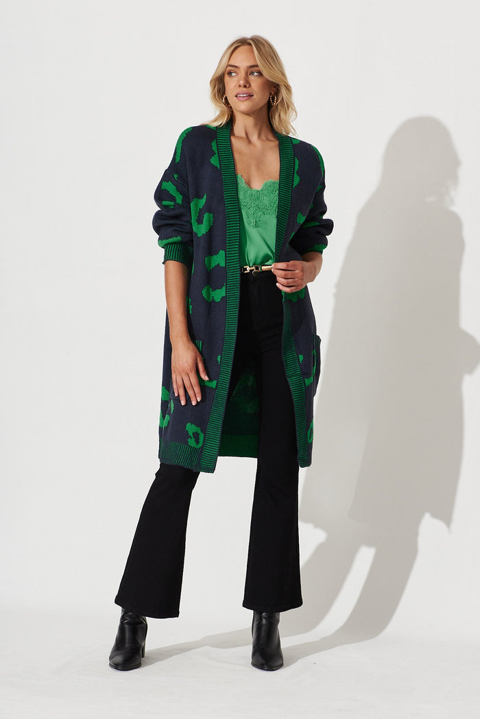 Nutmeg Knit Cardigan In Navy With Green Print - full length