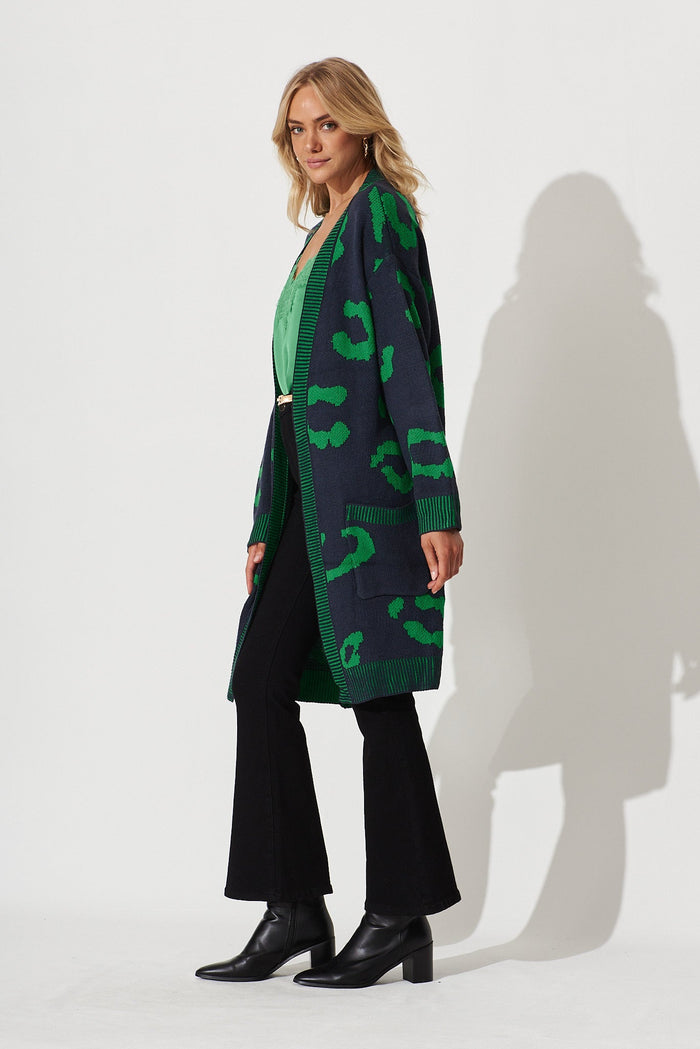Nutmeg Knit Cardigan In Navy With Green Print - side