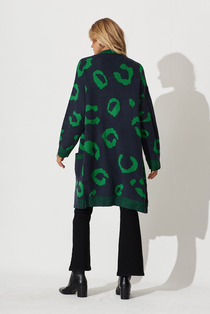 Nutmeg Knit Cardigan In Navy With Green Print - back