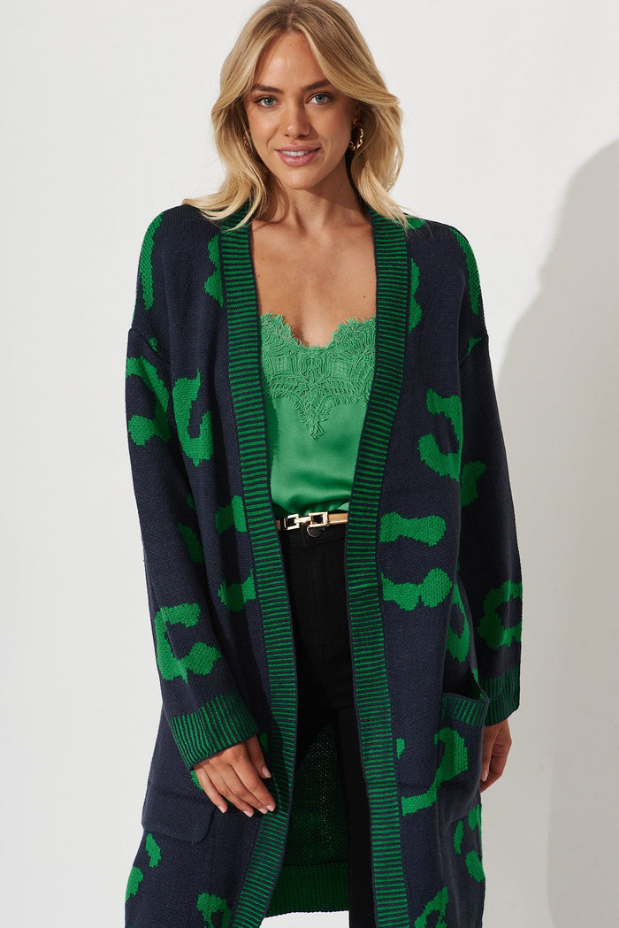 Nutmeg Knit Cardigan In Navy With Green Print - front