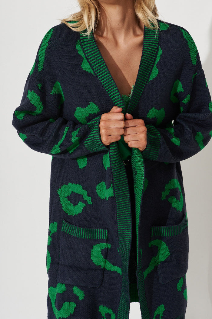 Nutmeg Knit Cardigan In Navy With Green Print - detail