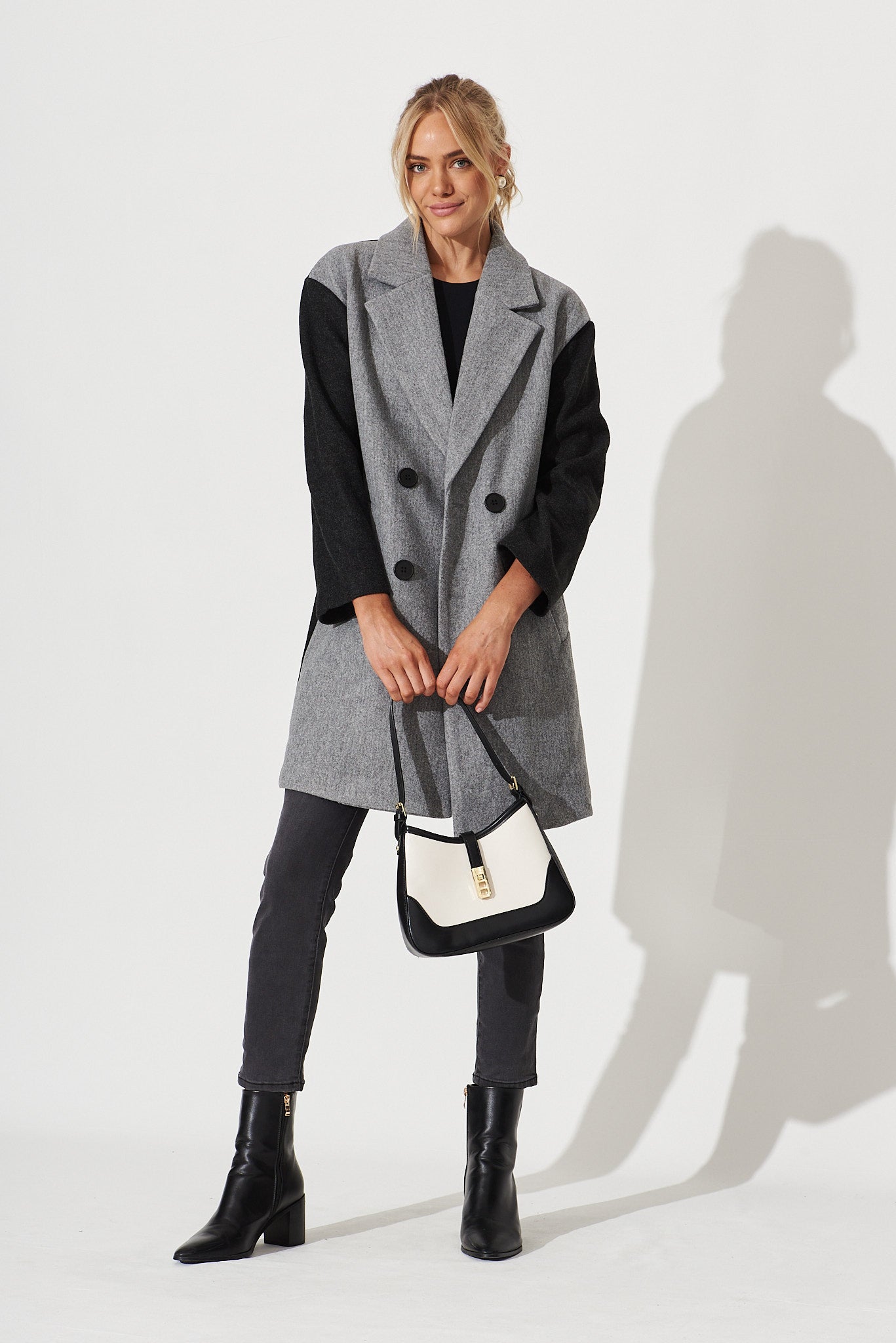 Moana Coat In Grey With Black Colourblock - full length