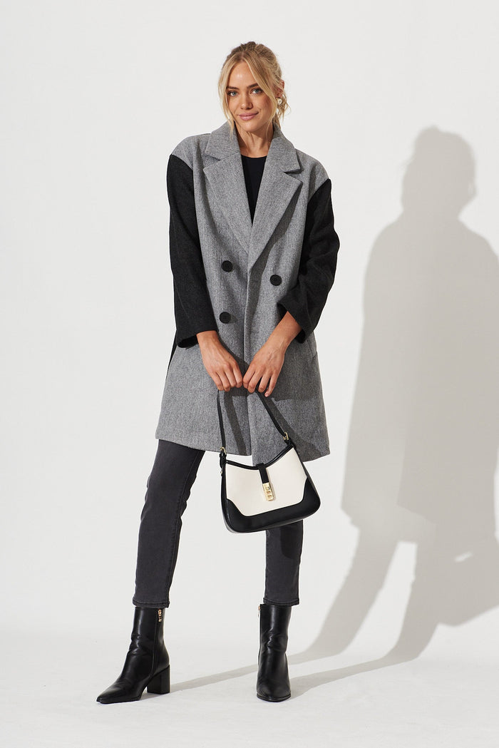 Moana Coat In Grey With Black Colourblock - full length