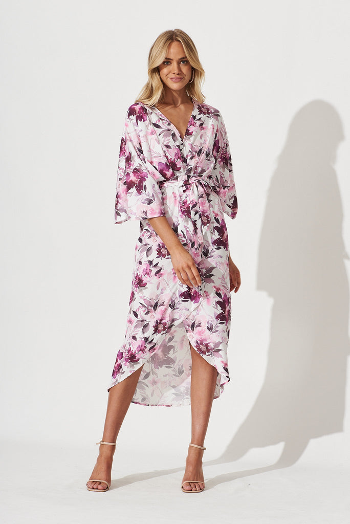 Joyful Dress In White With Pink Floral Satin - full length