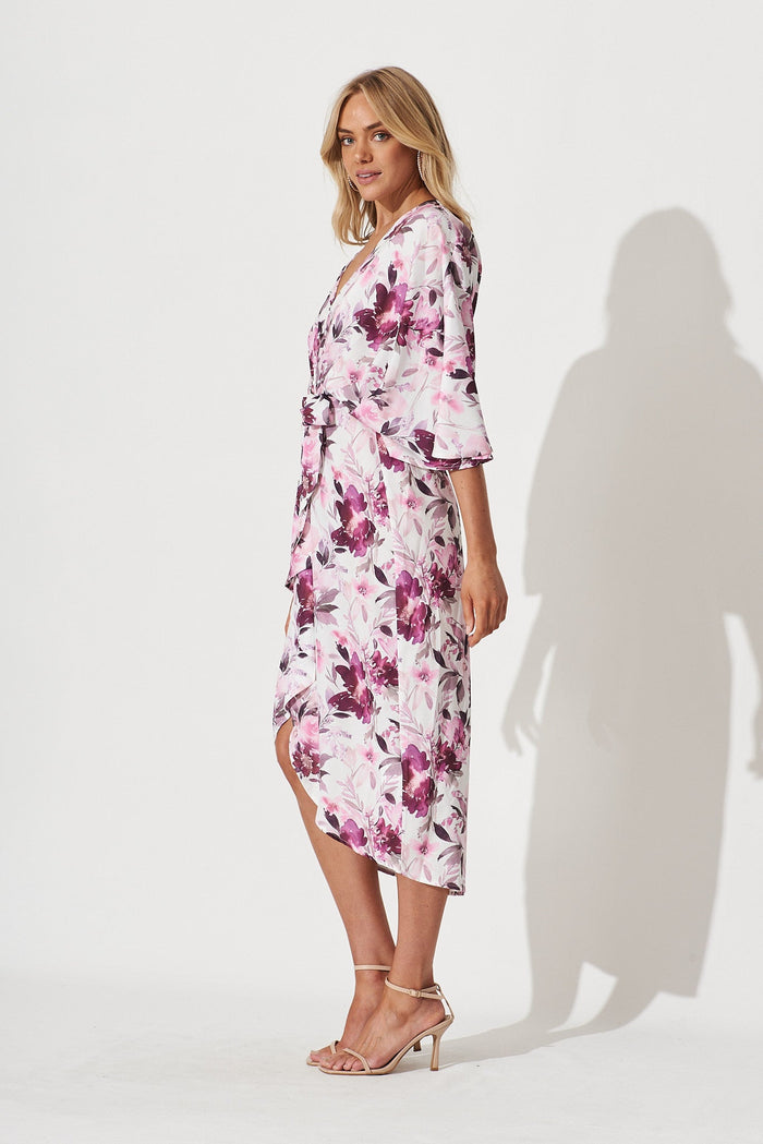 Joyful Dress In White With Pink Floral Satin - side