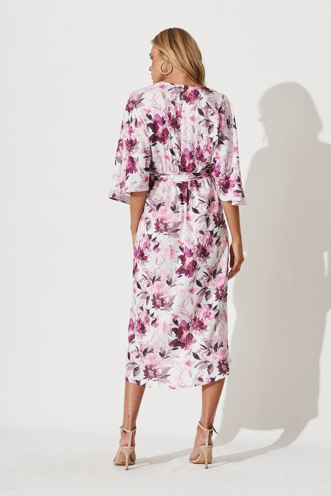 Joyful Dress In White With Pink Floral Satin - back