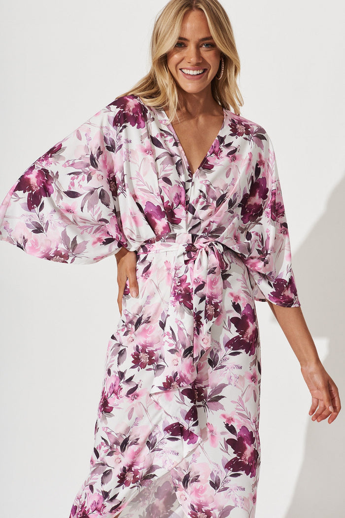 Joyful Dress In White With Pink Floral Satin - front