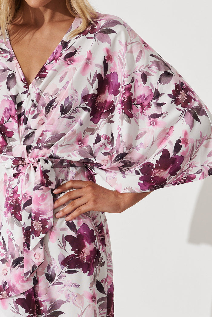 Joyful Dress In White With Pink Floral Satin - detail