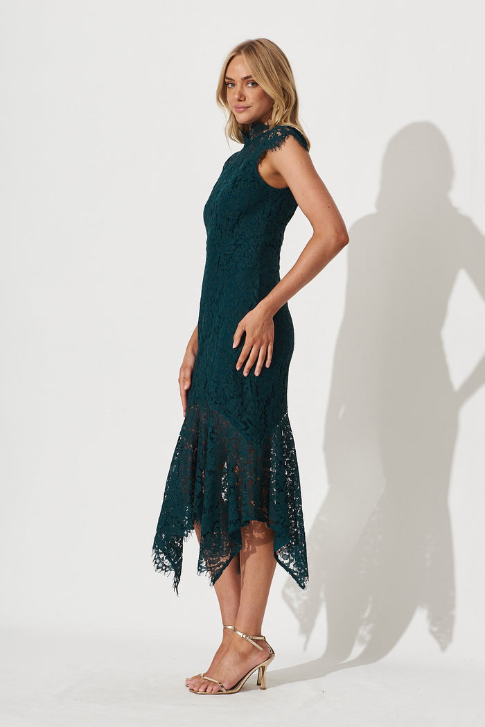 Emilise Midi Dress In Emerald Green Lace - side