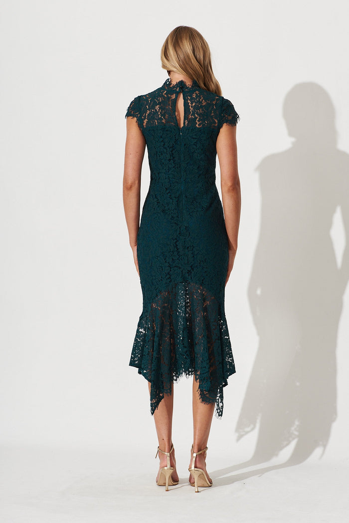Emilise Midi Dress In Emerald Green Lace - back